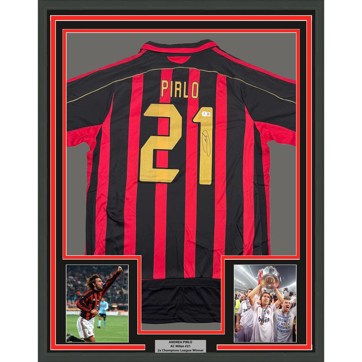 Framed Signed Andrea Pirlo 35x39 AC Milan Black/Red Futbol Jersey BAS COA