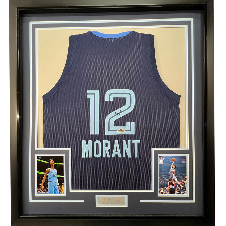 Framed Facsimile Autographed Ja Morant 33x42 Dark Blue Reprint Laser Auto Jersey
