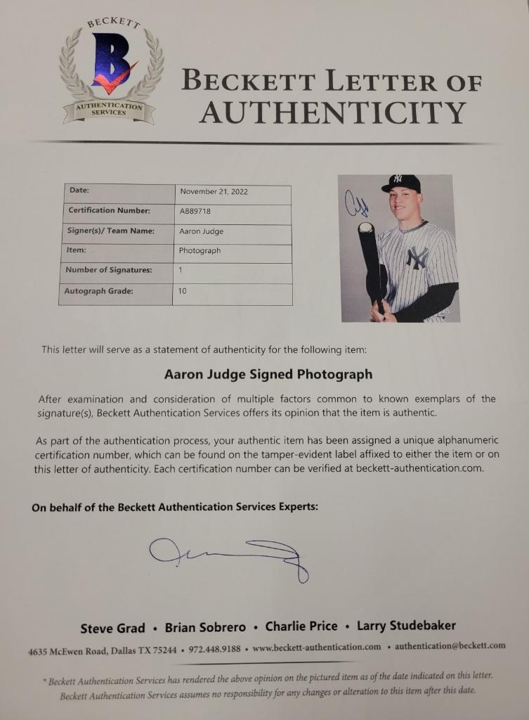 Aaron Judge autograph grade 10 signed 11x14 photo Yankees ~ BAS Beckett COA LOA