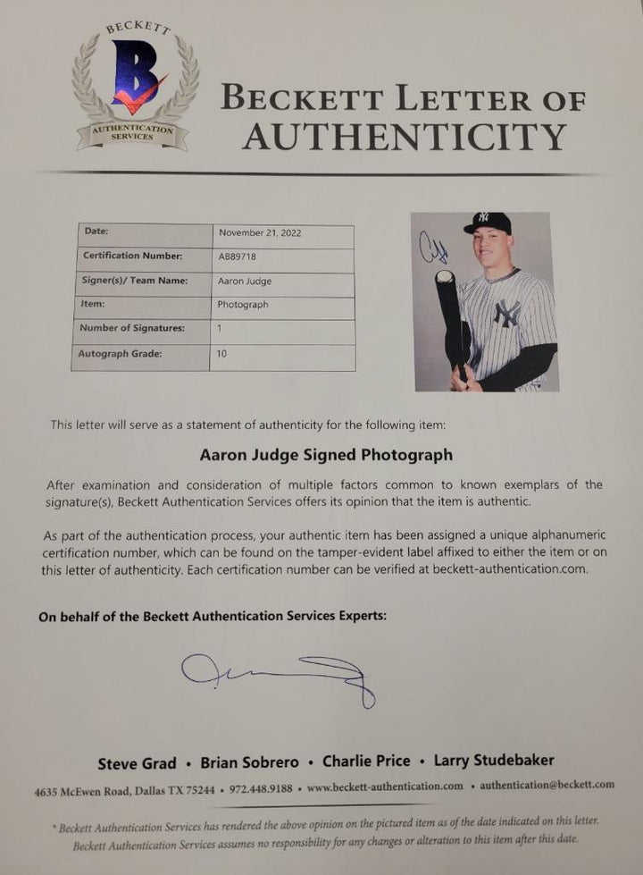 Aaron Judge autograph grade 10 signed 11x14 photo Yankees ~ BAS Beckett COA LOA