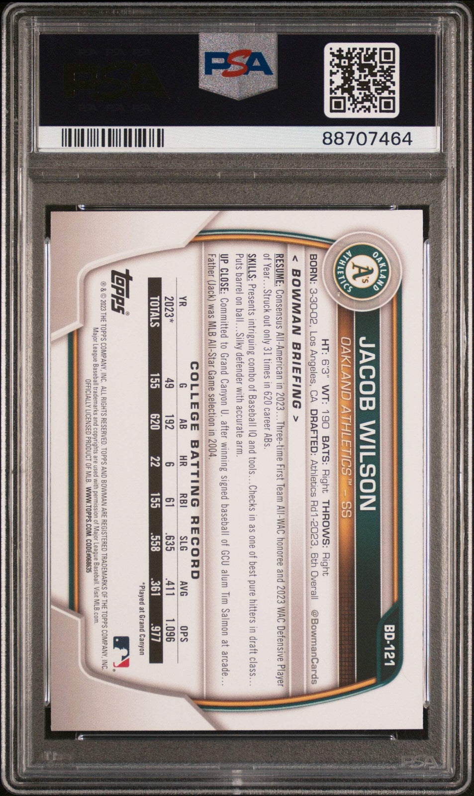 Graded 2023 Topps Bowman Draft Jacob Wilson #BD121 Rookie Baseball Card PSA 10
