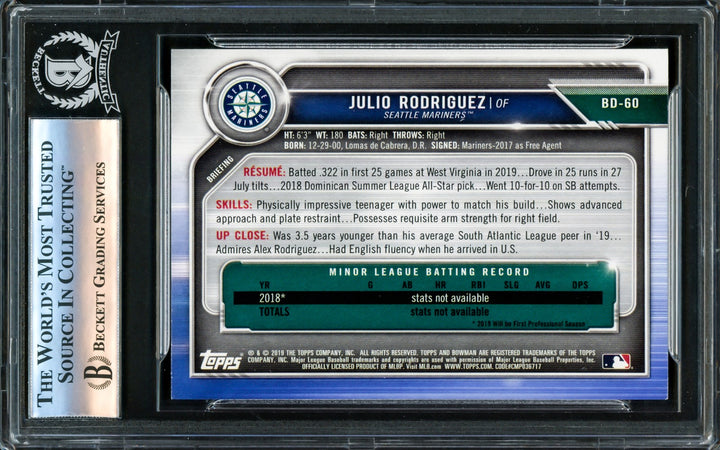 Julio Rodriguez 2019 Bowman Draft RC #BD60 Signed Trading Card Beckett BAS