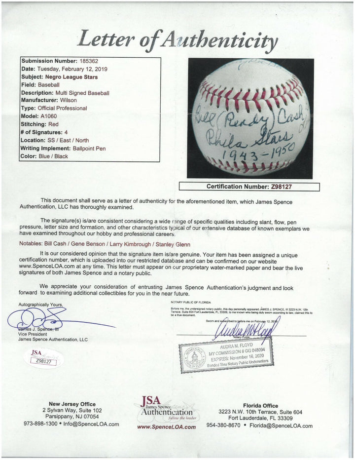 1940’s Philadelphia Stars baseball 4-sigs Bill Ready Cash, Stanley Doc Glenn JSA