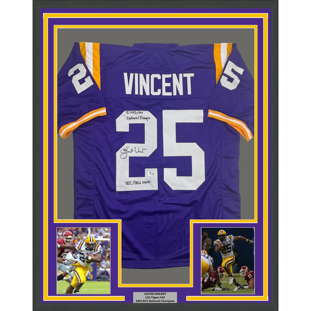Framed Autographed/Signed Justin Vincent 35x39 LSU Purple Jersey Beckett BAS COA