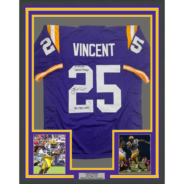 Framed Autographed/Signed Justin Vincent 35x39 LSU Purple Jersey Beckett BAS COA