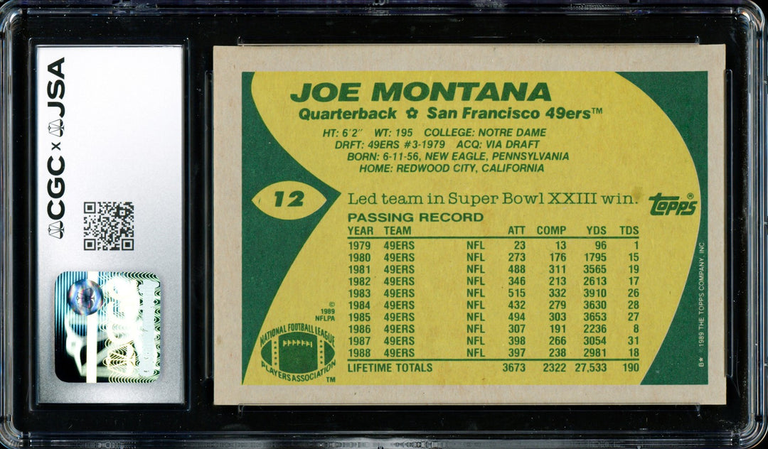 Joe Montana Signed 1989 Topps Card 12 San Francisco 49ers Auto GM 10 CGC x JSA