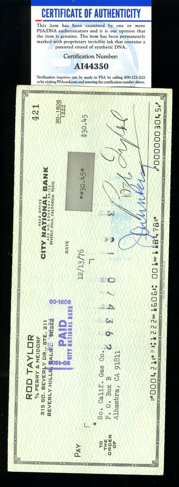 Rod Taylor PSA DNA Coa Signed Check Autograph