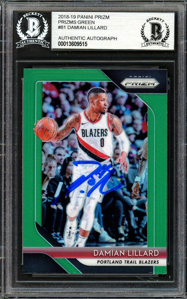 Damian Lillard Signed 2018-19 Panini Prizm Green Card 81 Trail Blazers Beckett