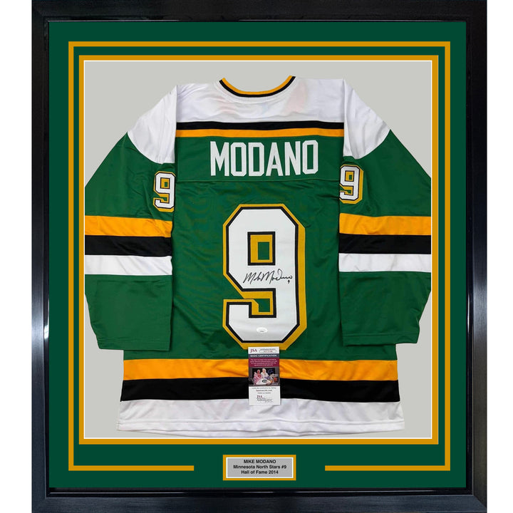 Framed Autographed/Signed Mike Modano HOF 33x42 Minnesota Green Jersey BAS COA