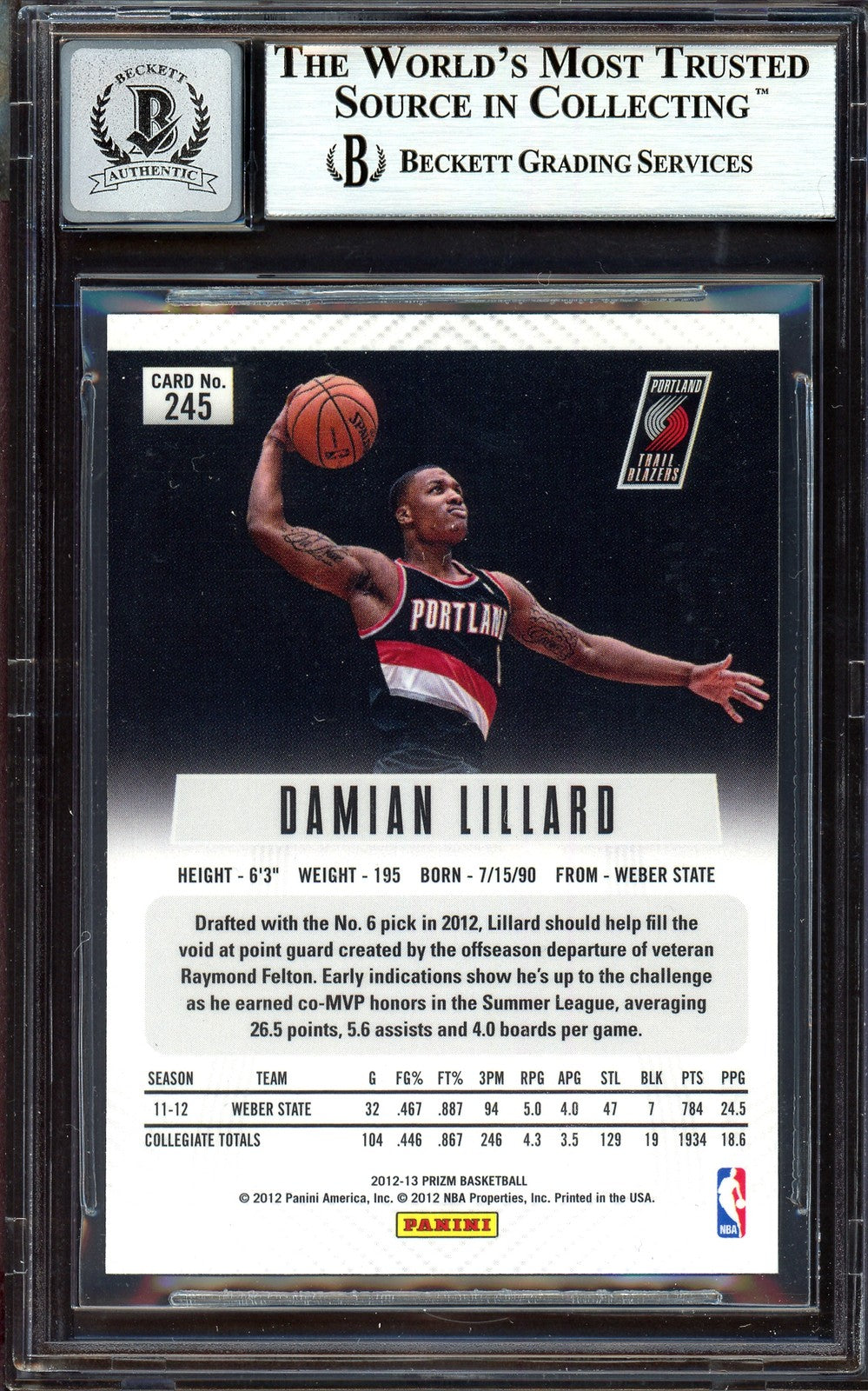 Damian Lillard Auto Signed 2012-13 Panini Prizm RC 245 Sig 10 On Card Beckett