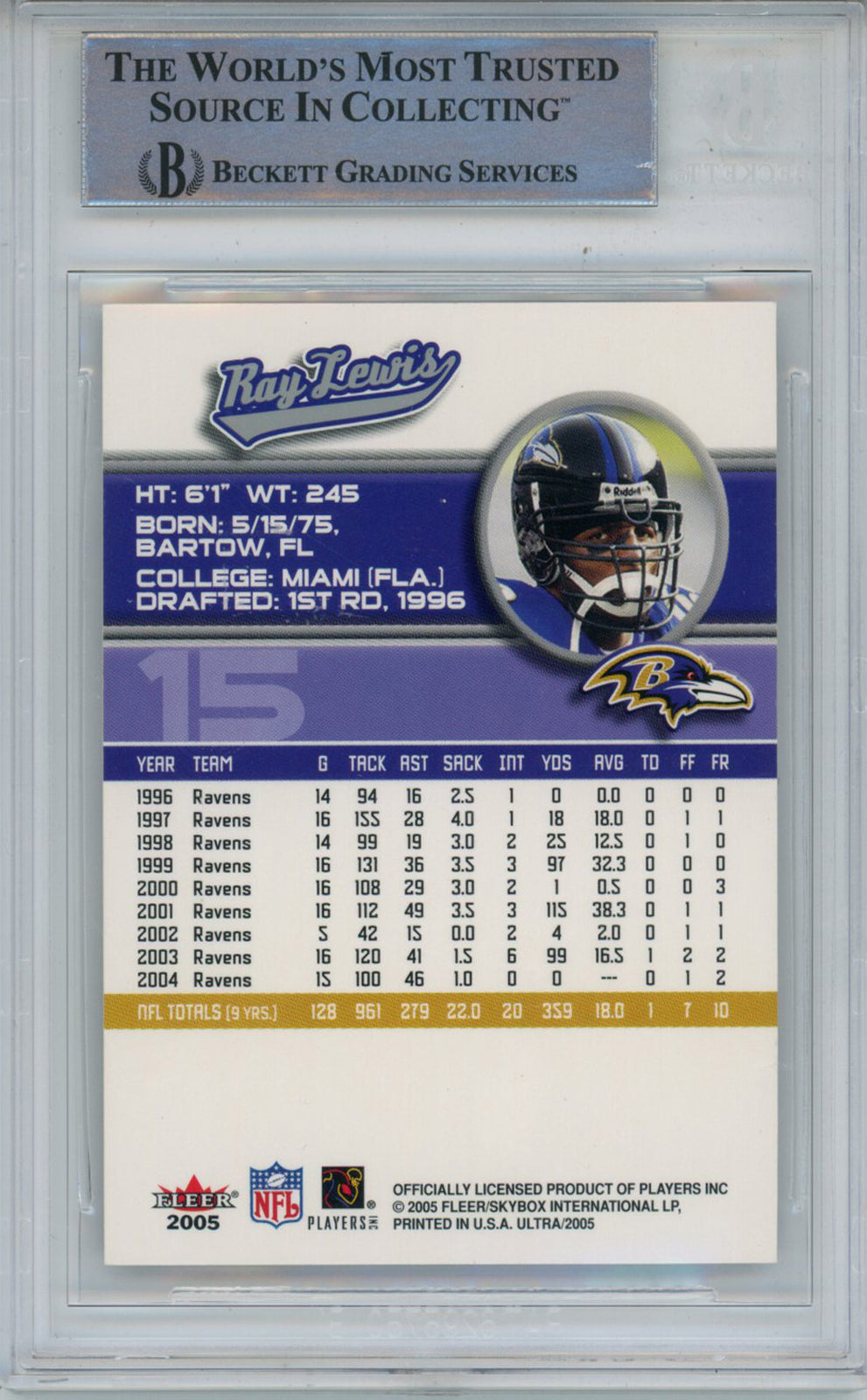 Ray Lewis Autographed 2005 Ultra #15 Trading Card Beckett Slab 43365