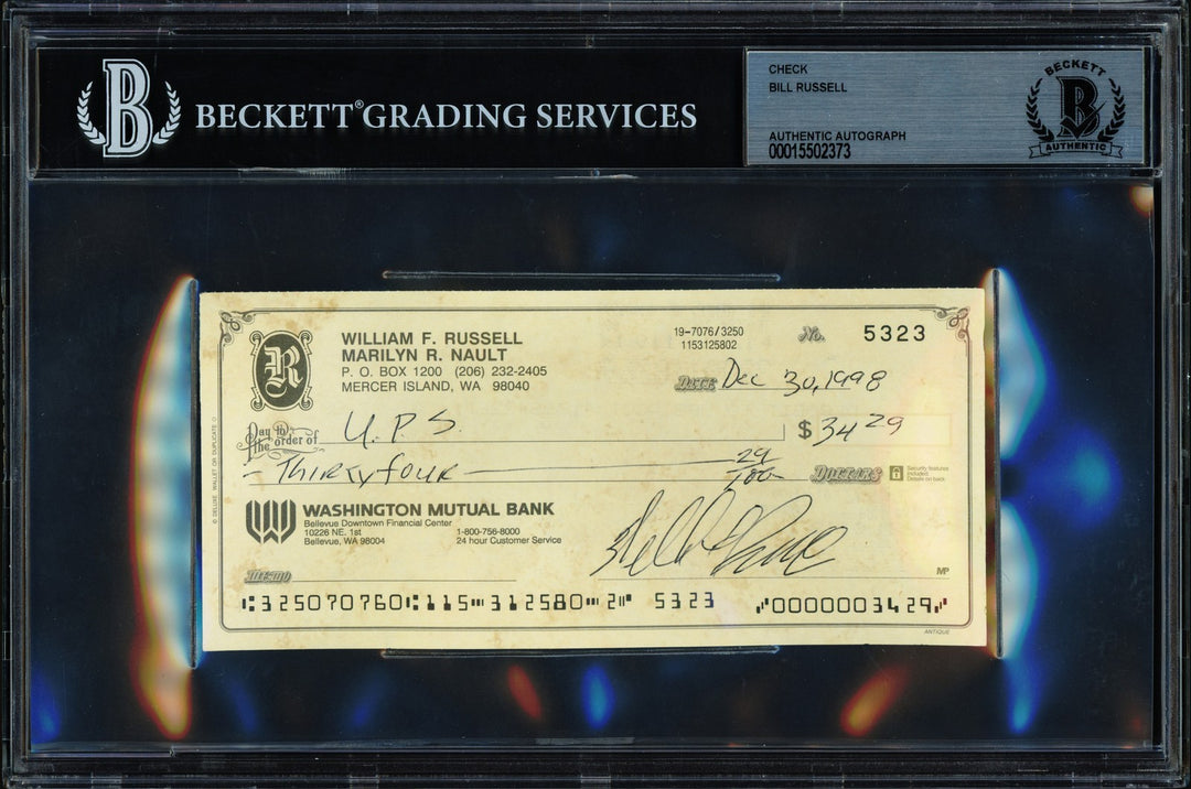 Bill Russell Autographed Signed 3x6 Check Boston Celtics Beckett BAS