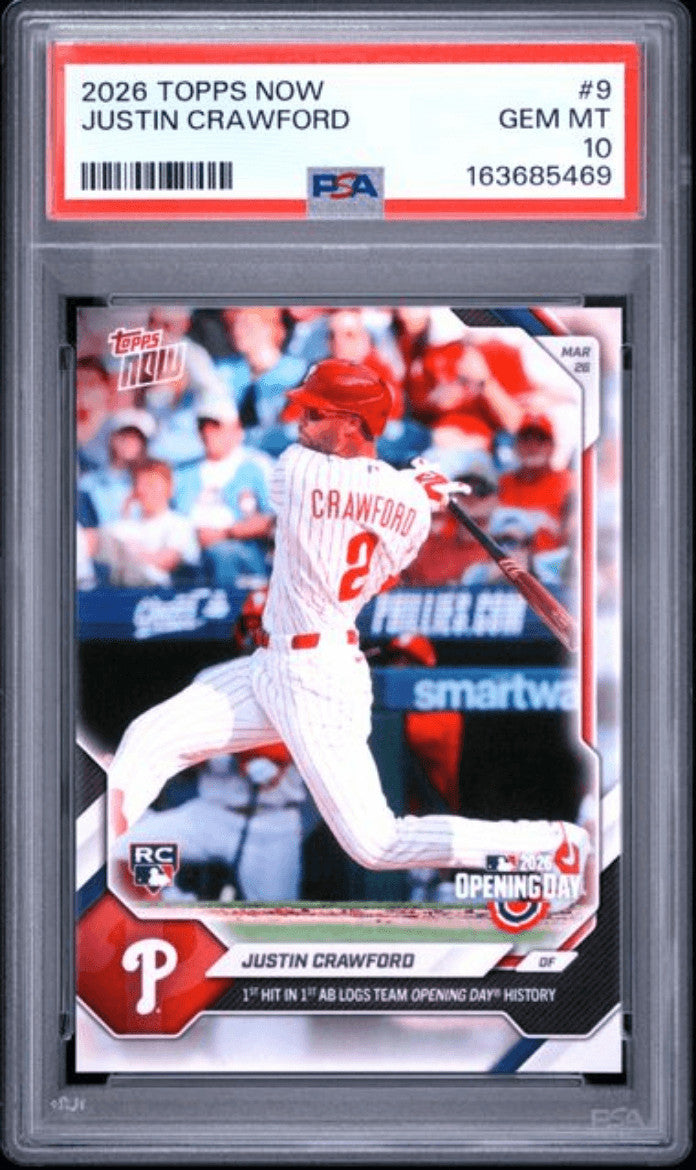 Graded 2026 Topps Now Justin Crawford #9 Rookie RC Baseball Card PSA 10