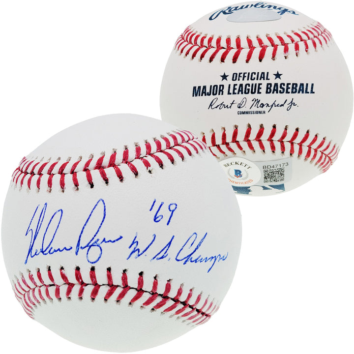 Nolan Ryan Signed Official MLB Baseball Texas Rangers "69 WS Champs" Beckett BAS