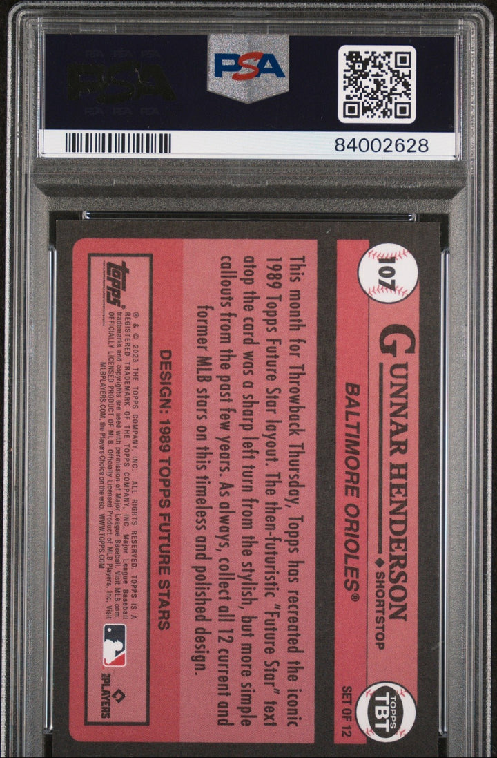 Graded 2023 Topps Gunnar Henderson #107 Throwback Thursday Card PSA 10