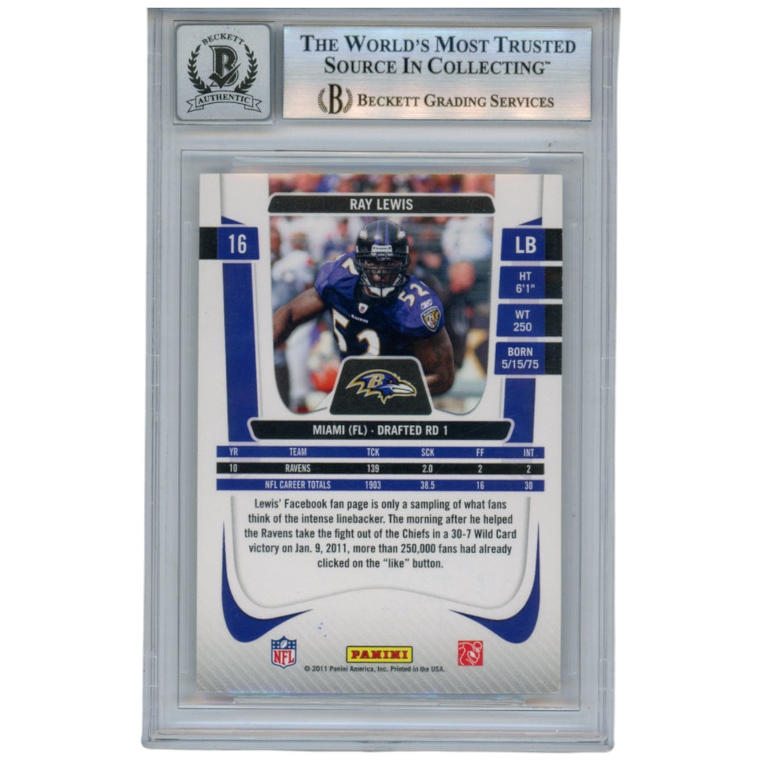Ray Lewis Autographed/Signed 2011 Prestige #16 Trading Card Beckett 52910