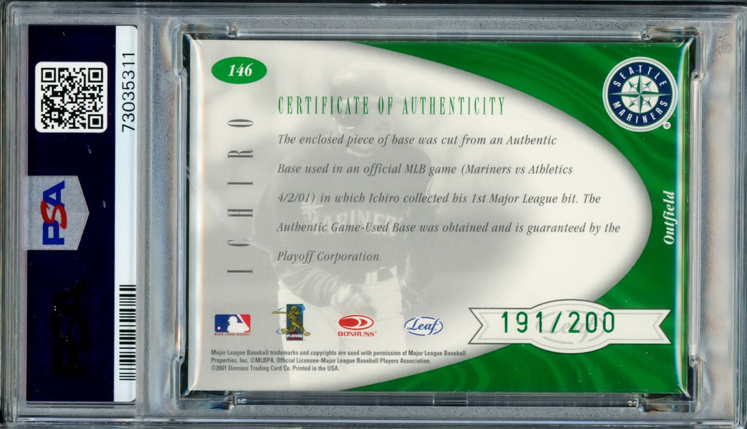 Ichiro Suzuki Signed 2001 Leaf Certified Material RC #146 Mariners PSA7 Auto 10