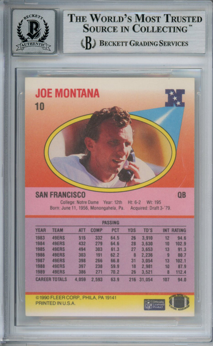 Joe Montana Autographed 1990 Fleer #10 Trading Card Beckett 10 Slab 37495
