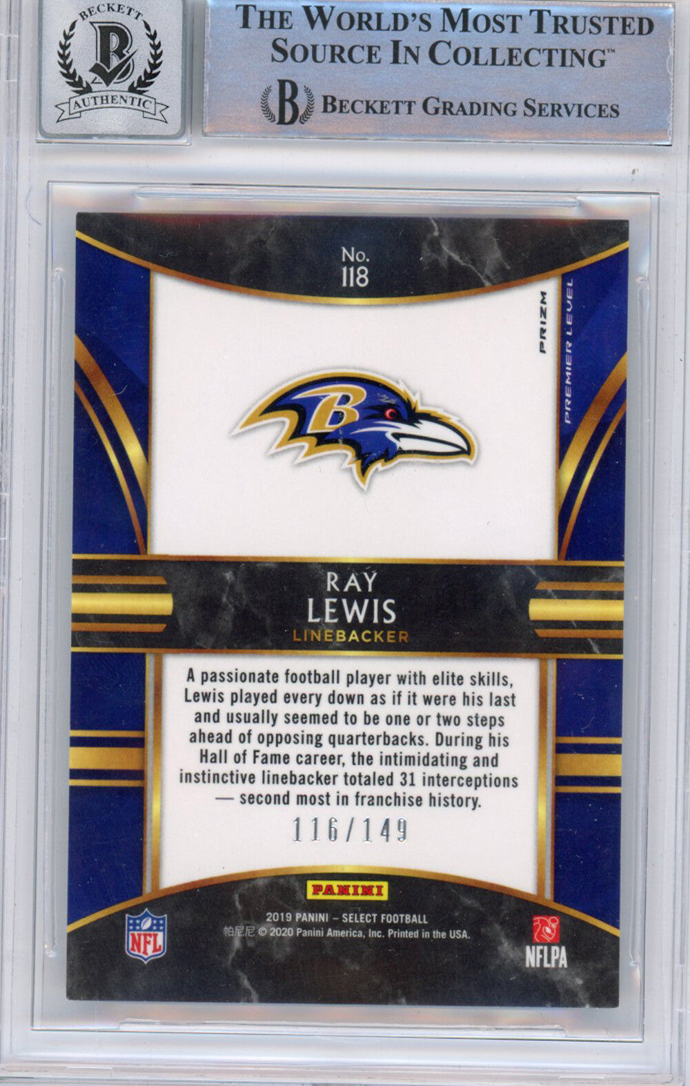 Ray Lewis Autographed 2019 Panini Prizm Blue 116/149 Trading Card BAS Slab 39199