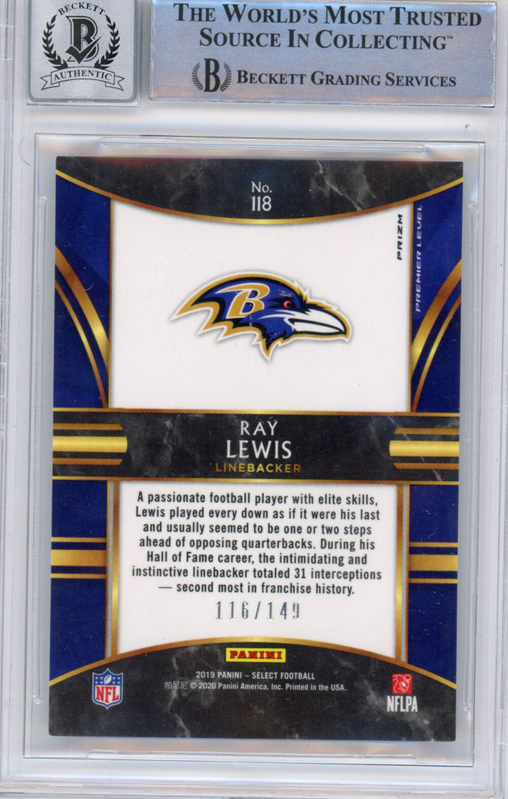 Ray Lewis Autographed 2019 Panini Prizm Blue 116/149 Trading Card BAS Slab 39199