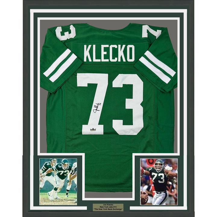 Framed Facsimile Autographed Joe Klecko 35x39 New York Green Reprint Jersey