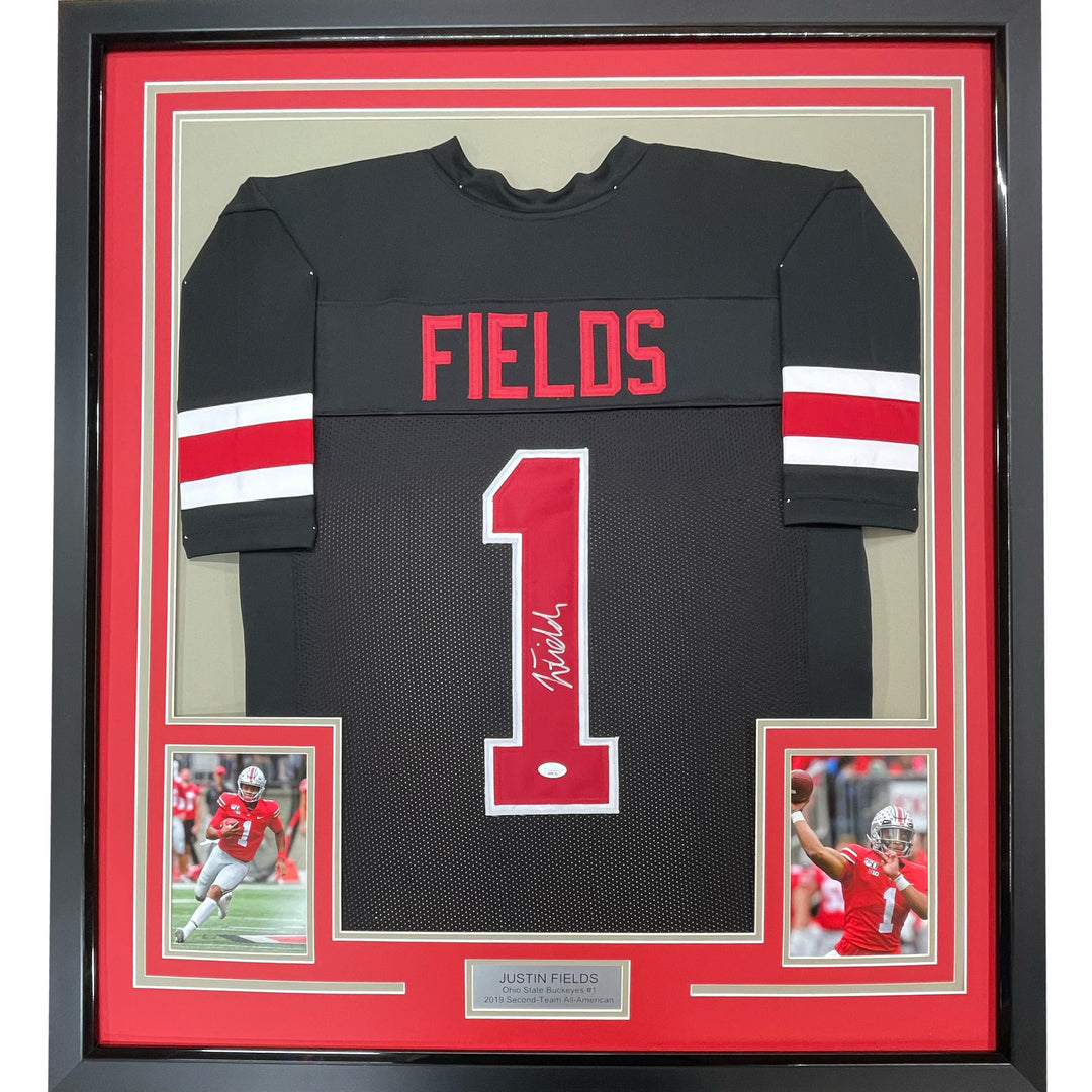 FRAMED Autographed/Signed JUSTIN FIELDS 33x42 Ohio State Black Jersey BAS COA