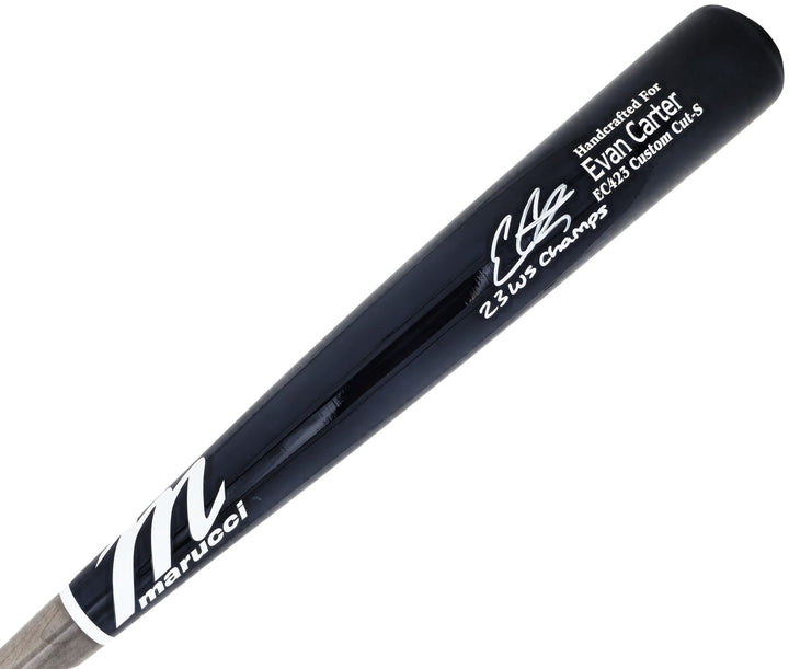 Evan Carter Auto Navy/Grey Marucci Player Model Bat Rangers 23 WS Champs Beckett