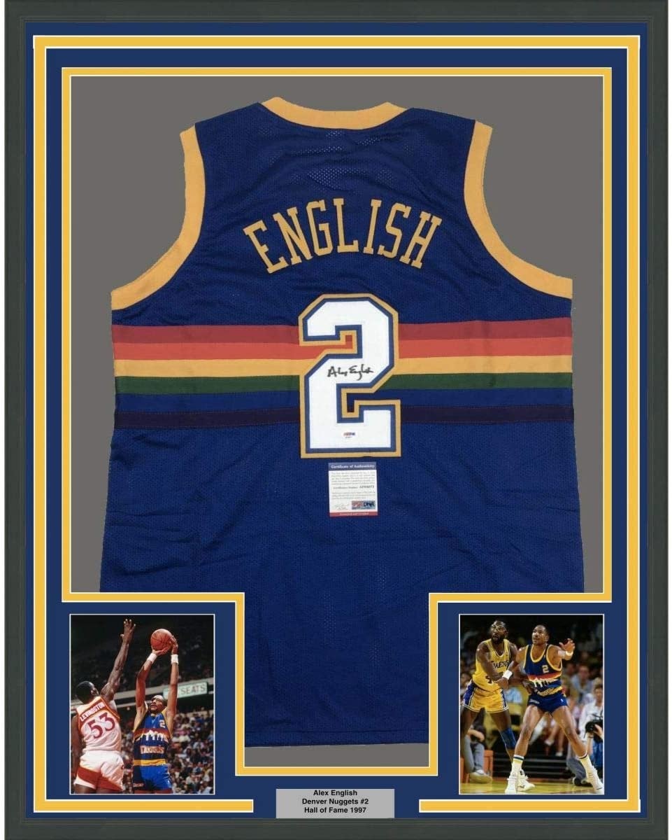 Framed Autographed/Signed Alex English 35x39 Denver Blue Jersey PSA/DNA COA