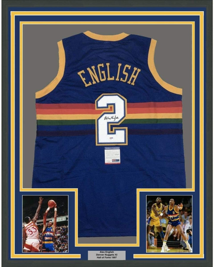 Framed Autographed/Signed Alex English 35x39 Denver Blue Jersey PSA/DNA COA