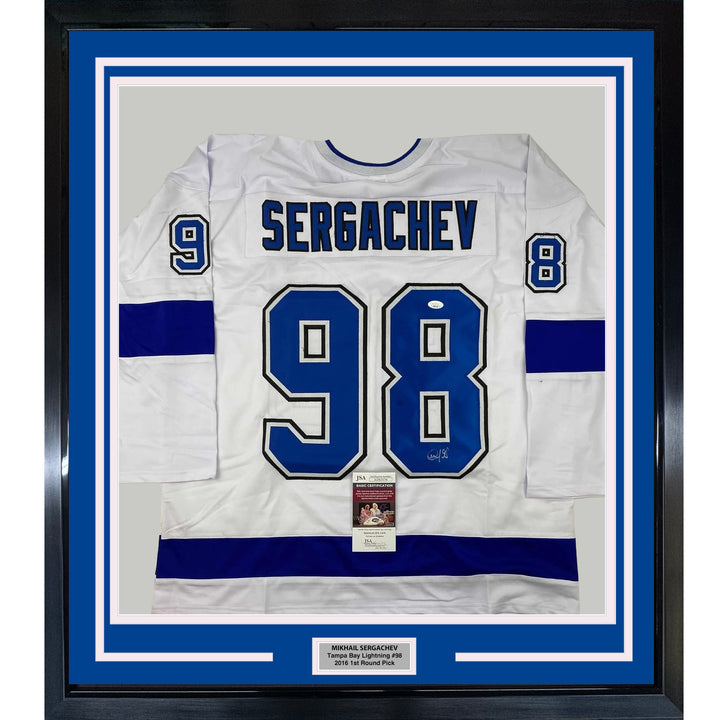 Framed Autographed/Signed Mikhail Sergachev 33x42 Tampa Bay White Jersey JSA COA