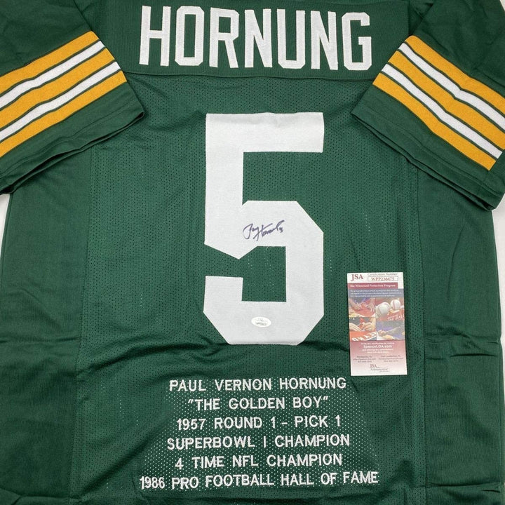 Autographed/Signed Paul Hornung Green Bay Green Stat Jersey JSA COA