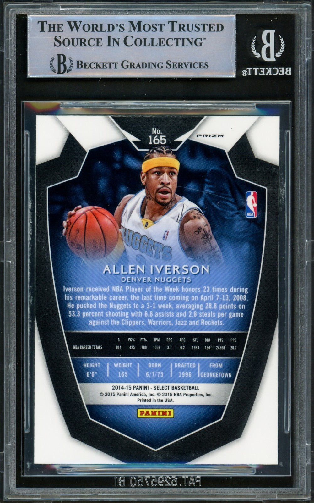 Allen Iverson Signed 2014-15 Select Prizms Silver Card 165 Nuggets Beckett Wit