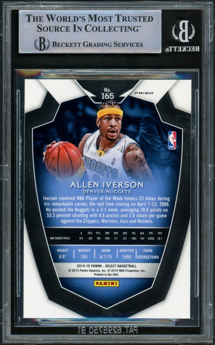 Allen Iverson Signed 2014-15 Select Prizms Silver Card 165 Nuggets Beckett Wit