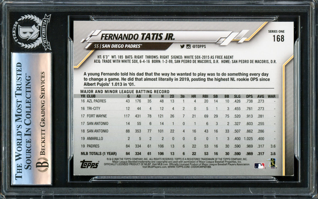 Fernando Tatis Jr. Signed 2020 Topps Card 168 San Diego Padres Beckett