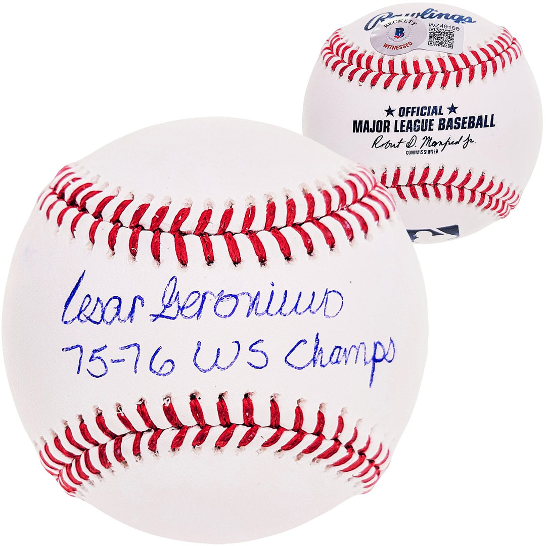 Cesar Geronimo Signed Official MLB Baseball Reds "75-76 WS Champs" Beckett Wit