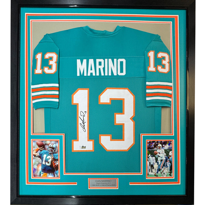 Framed Facsimile Autographed Dan Marino 33x42 Teal Reprint Laser Auto Jersey