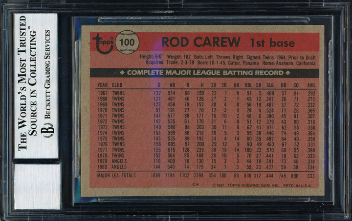 Rod Carew Signed 1981 Topps Card 100 California Angels Auto 10 Beckett