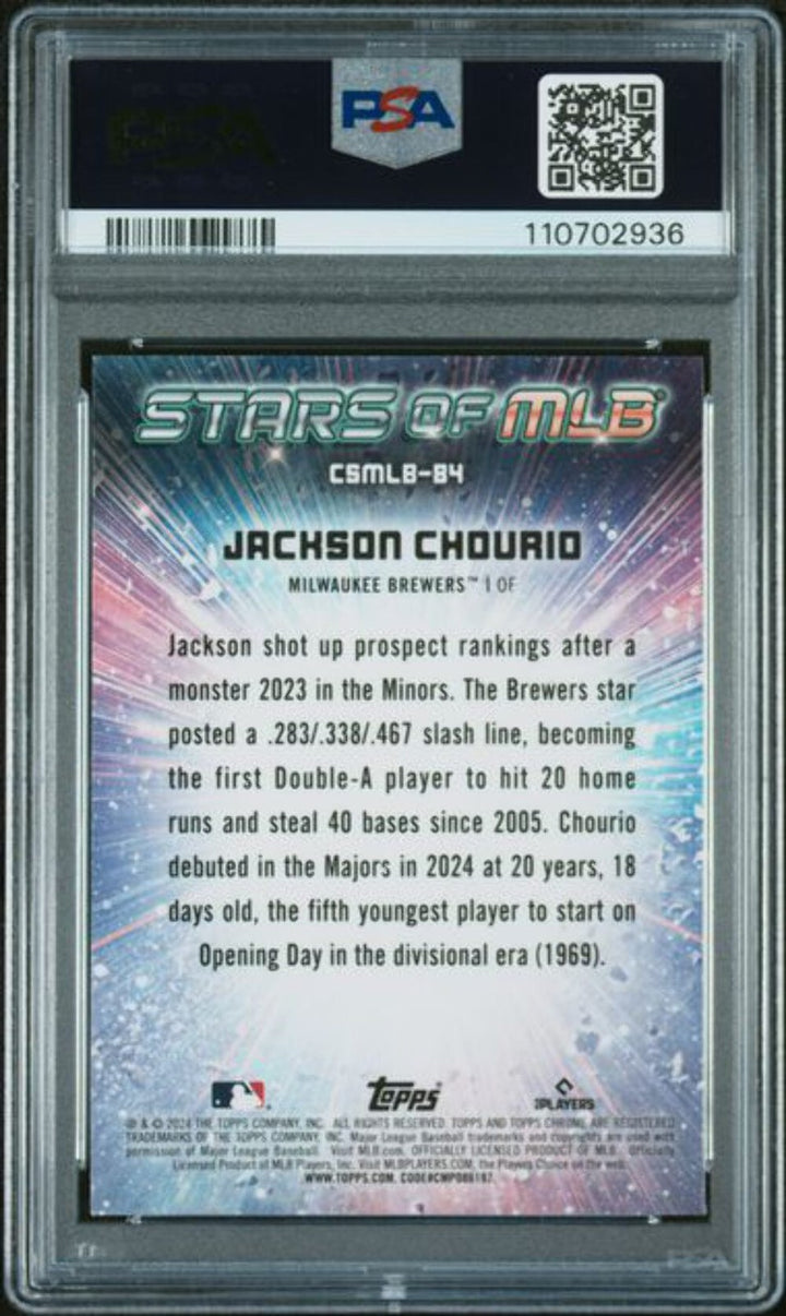 Graded 2024 Topps Stars of MLB Chrome Jackson Chourio #CSMLB84 RC Card PSA 10
