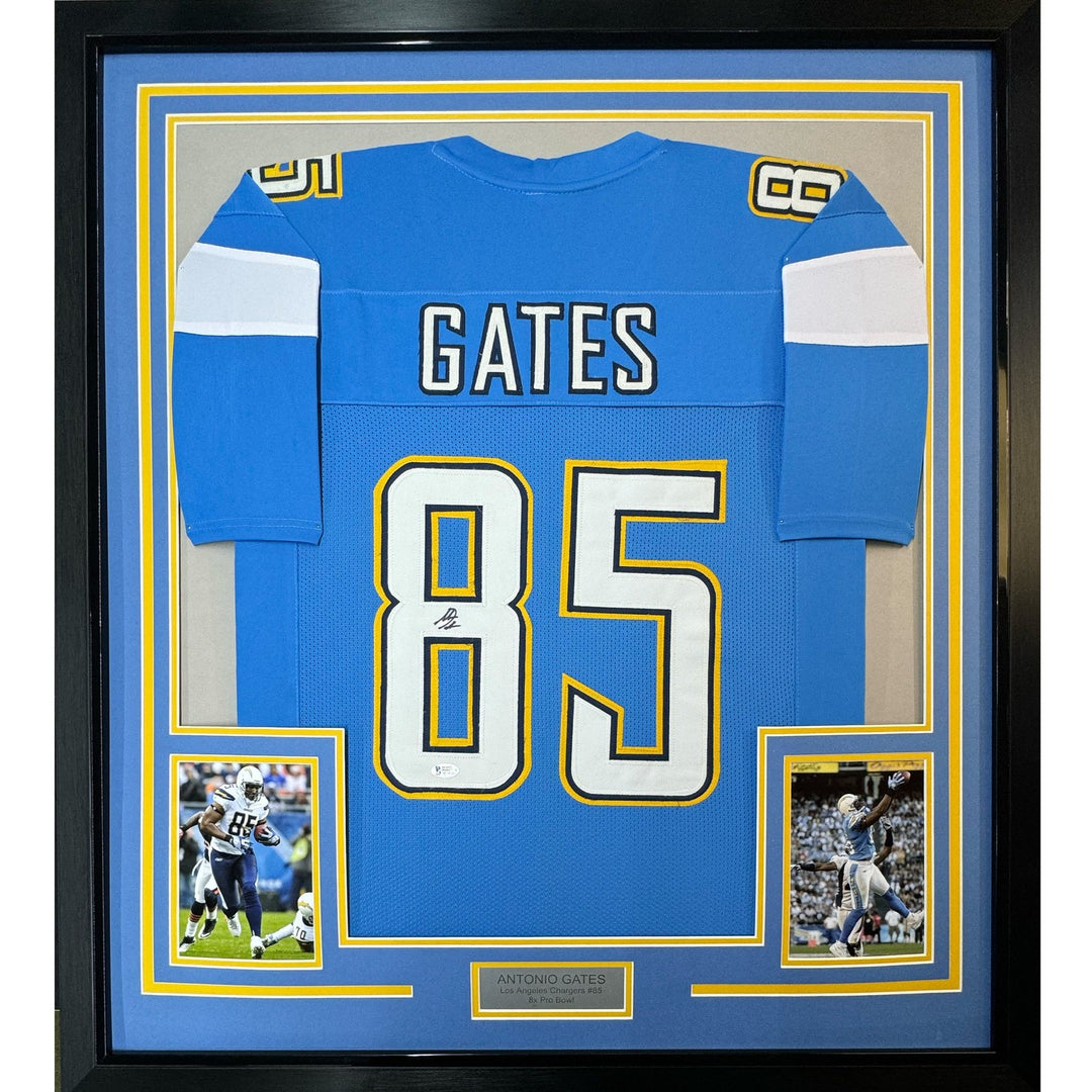 FRAMED Autographed/Signed ANTONIO GATES 35x39 LA Powder Blue Jersey BAS COA