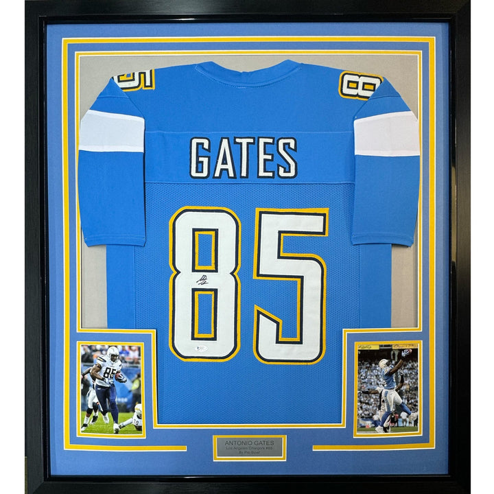 FRAMED Autographed/Signed ANTONIO GATES 35x39 LA Powder Blue Jersey BAS COA