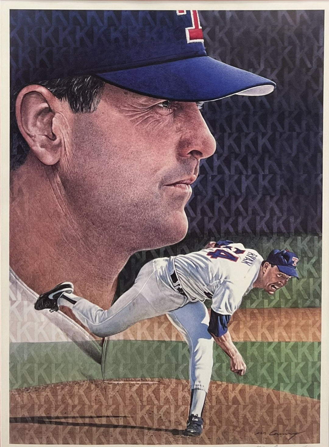 Nolan Ryan Rangers HOF Signed 18x26 Lithograph Photo Framed Artist 2 Auto LE COA