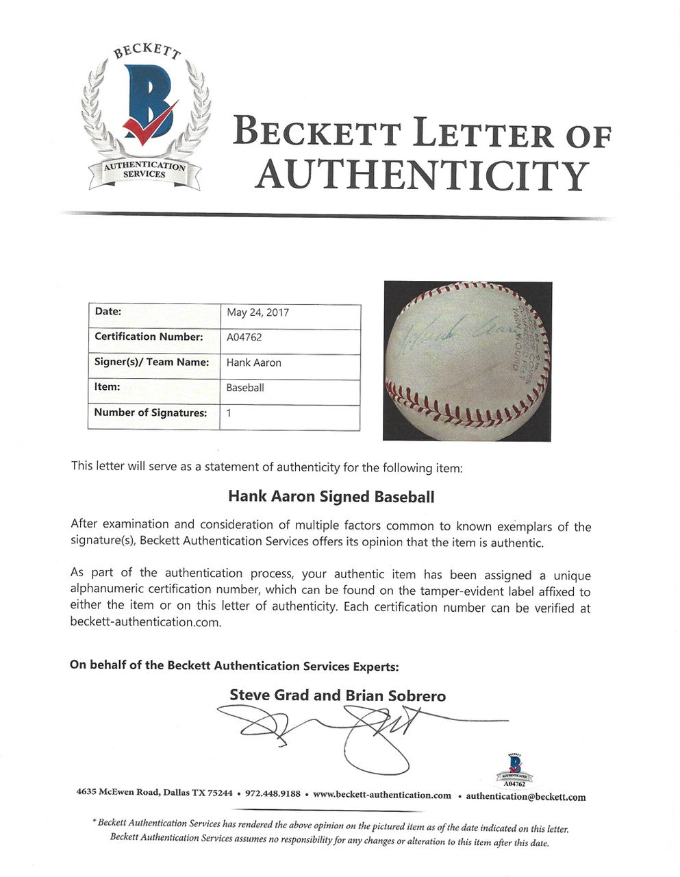 Hank Aaron Signed Baseball Atlanta Braves Vintage Sig Beckett #A04762