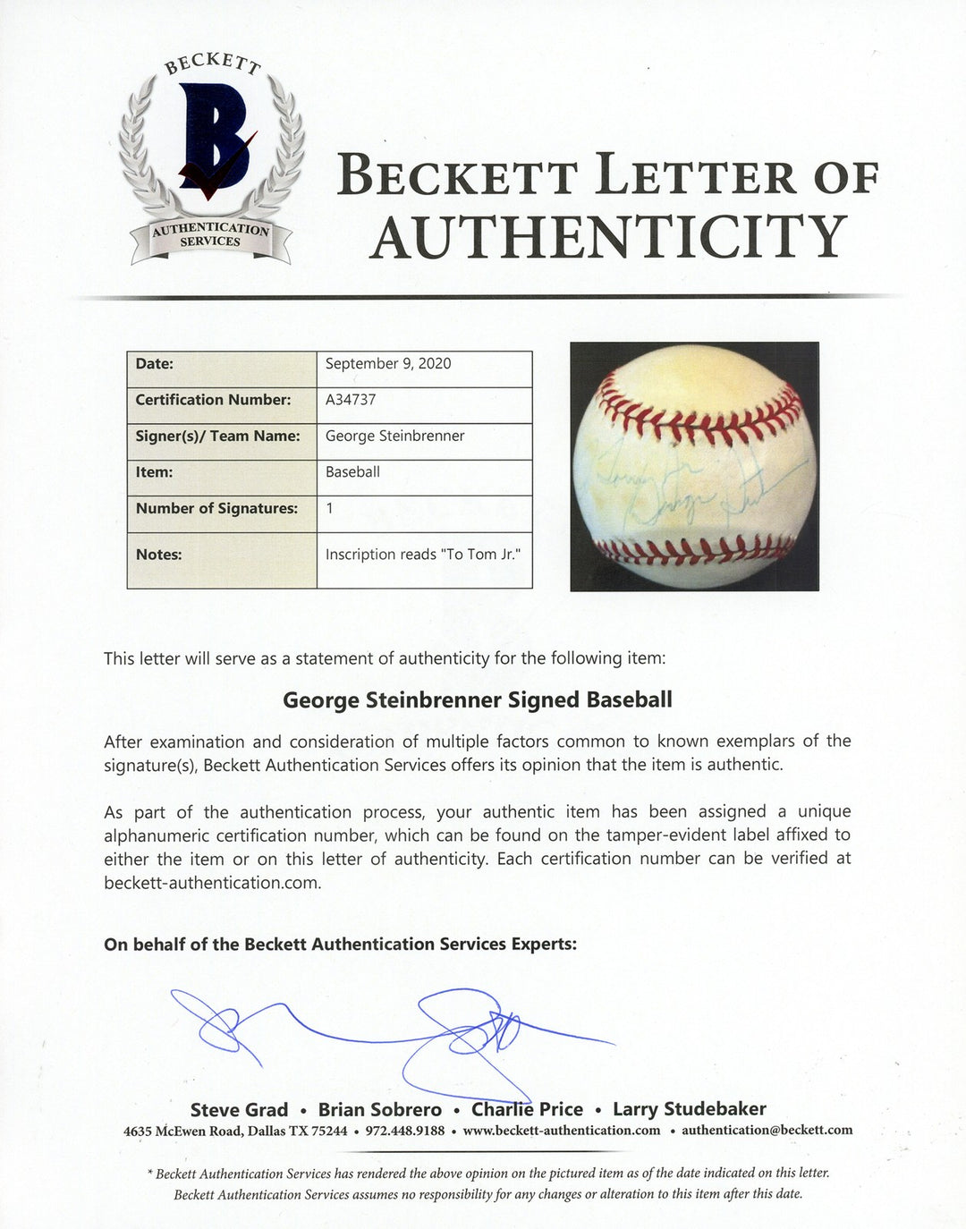 George Steinbrenner Signed AL Baseball Yankees "To Tony" Beckett #A34737