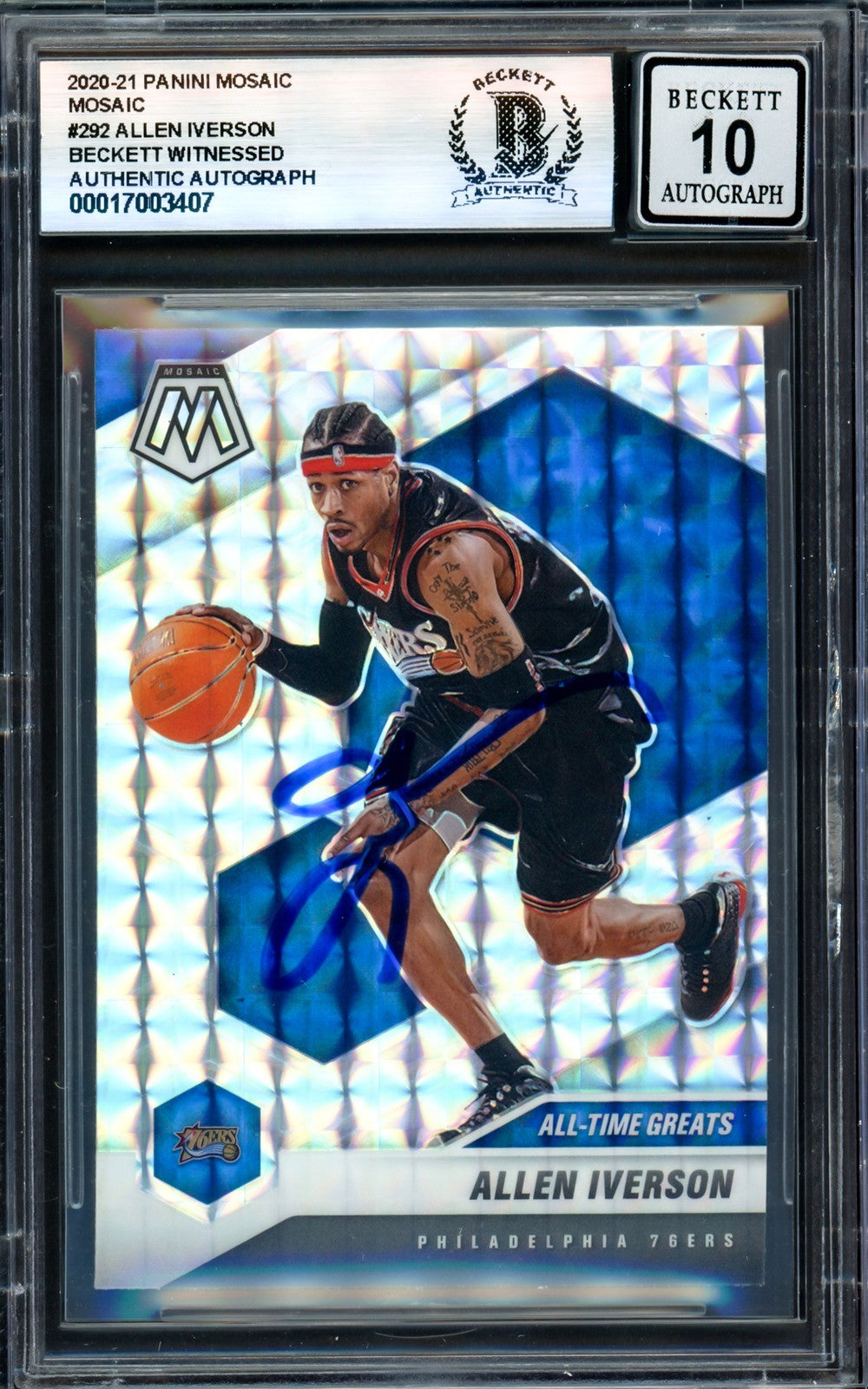 Allen Iverson Signed 2020-21 Panini Mosaic Card 292 76ers Sig 10 Beckett Wit