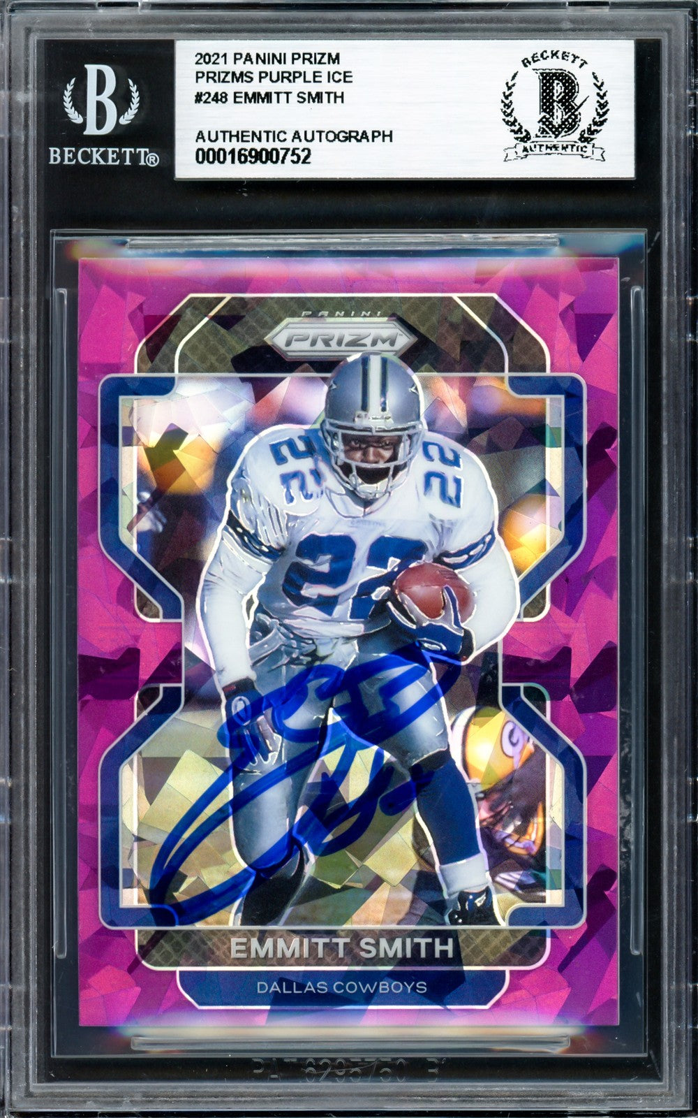 Emmitt Smith Auto 2021 Panini Prizm Prizms Purple Ice Card 248 054/225 Beckett