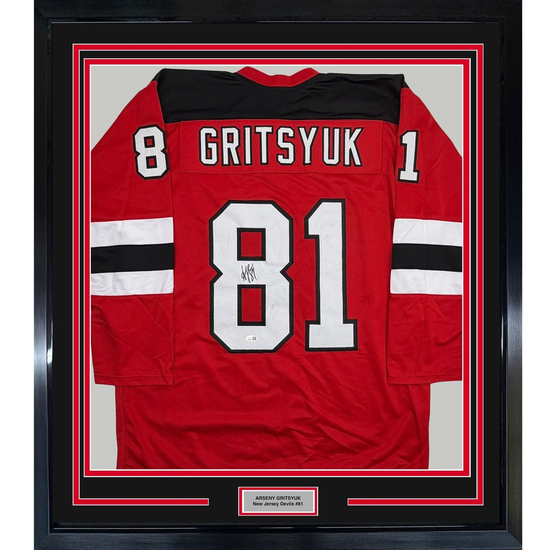 Framed Autographed/Signed Arseni Gritsyuk 35x39 NJ Red Jersey JSA COA
