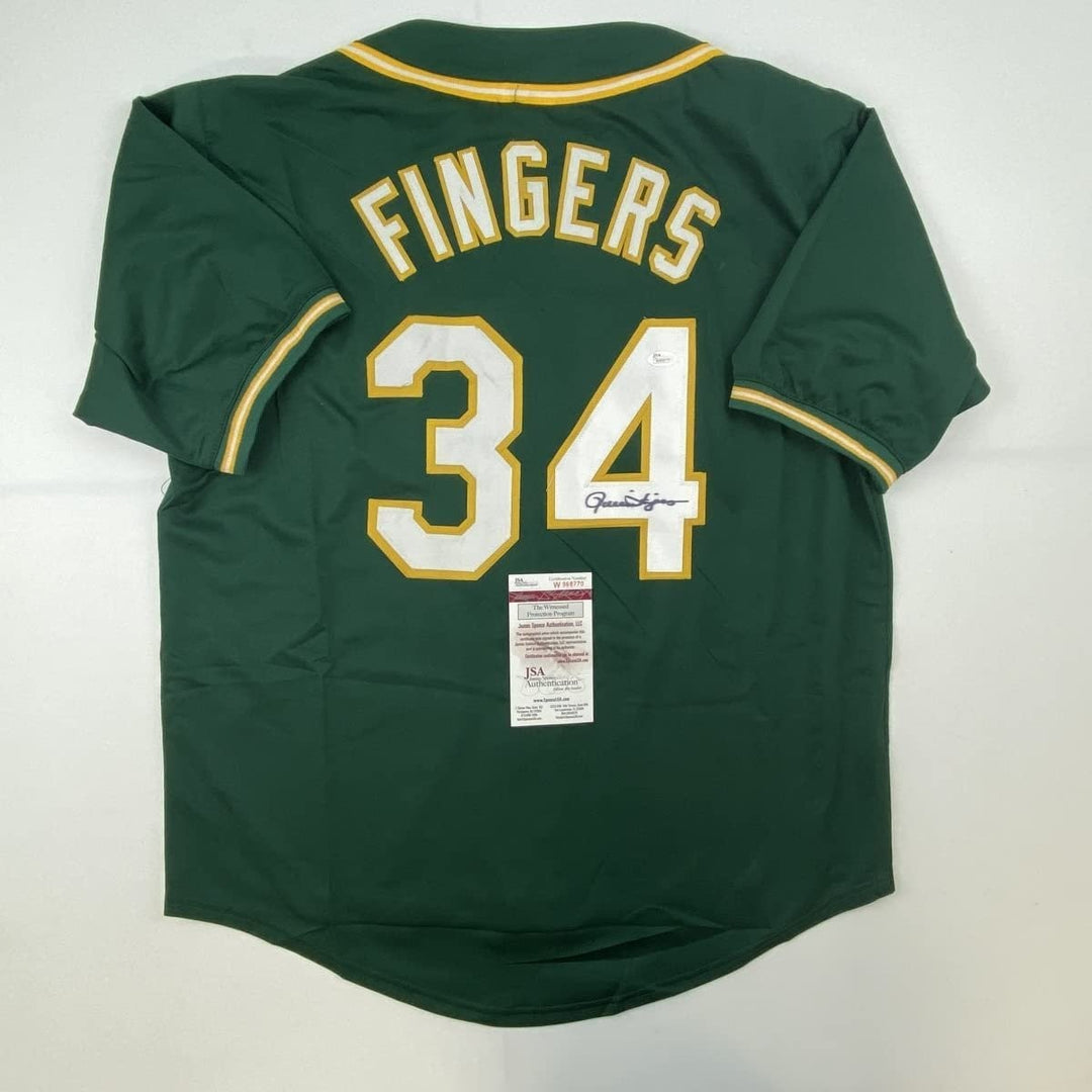 Autographed/Signed ROLLIE FINGERS Oakland Green Jersey JSA COA Auto