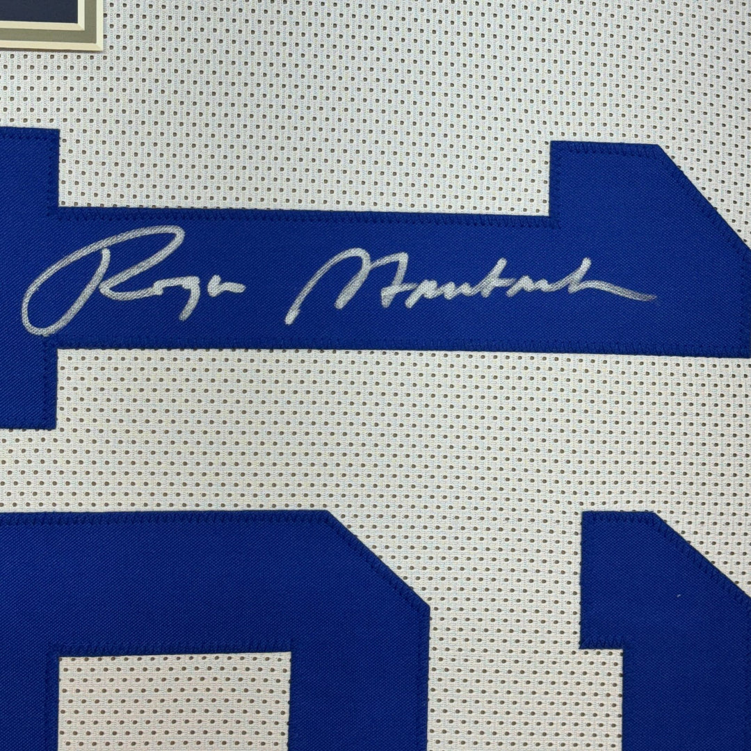 Framed Autographed/Signed Roger Staubach 35x39 Dallas White Jersey BAS COA
