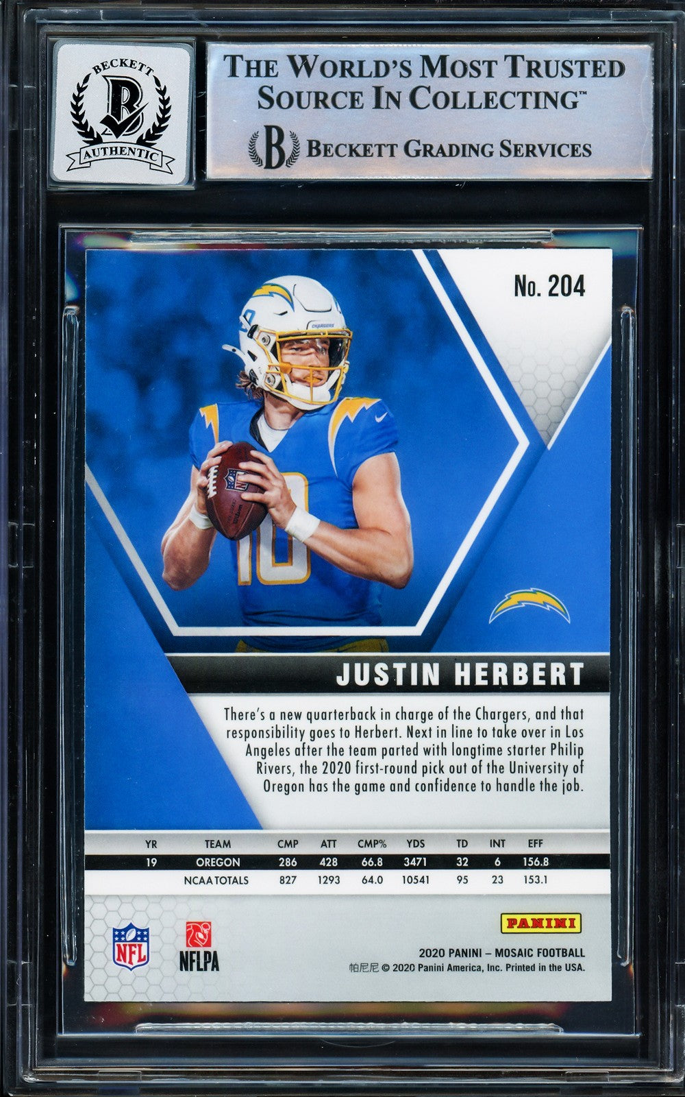 Justin Herbert Signed 2020 Panini Mosaic RC 204 Chargers Auto GM 10 Beckett