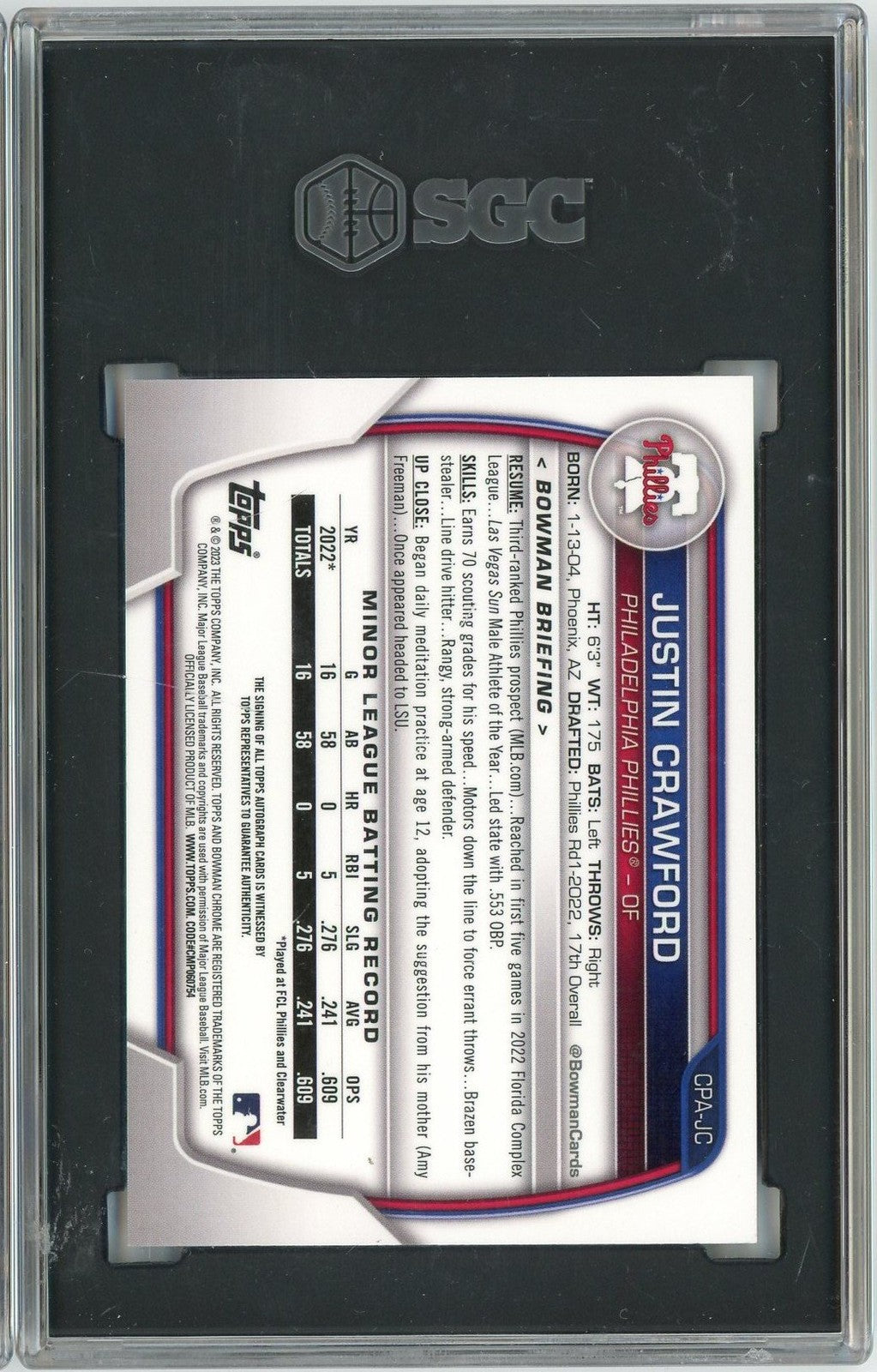 Graded 2023 Bowman Justin Crawford CPAJC /250 Auto Purple Refractor RC SGC 10